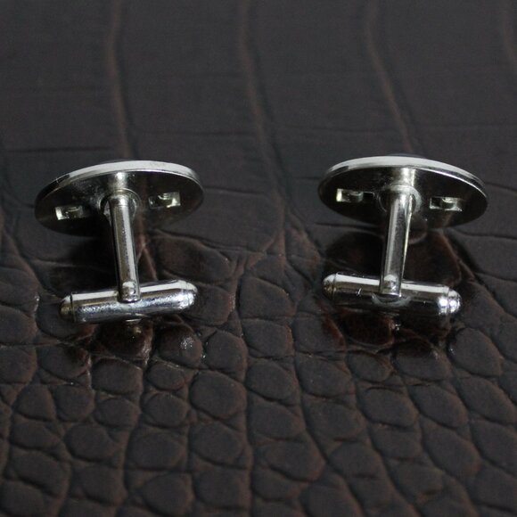 1960s Anson Black Onyx Cuff Links Textured Silver Tone Metal Vintage - Picture 9 of 10